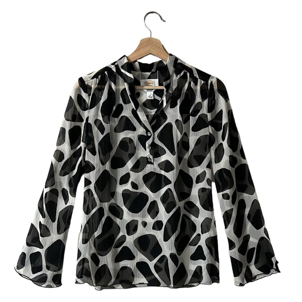Talbots Pure Silk Blouse Size 2 Sheer Cow Animal Print Henley Overshirt *FLAWED*